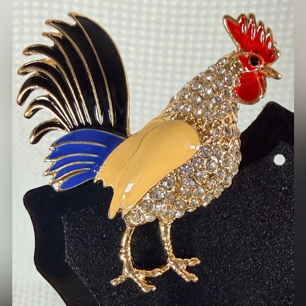 Gold and Blue Rooster Brooch